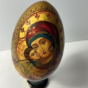 RELIGIOUS Icon Egg on Stand Russian Hand Painted with Gold Leaf